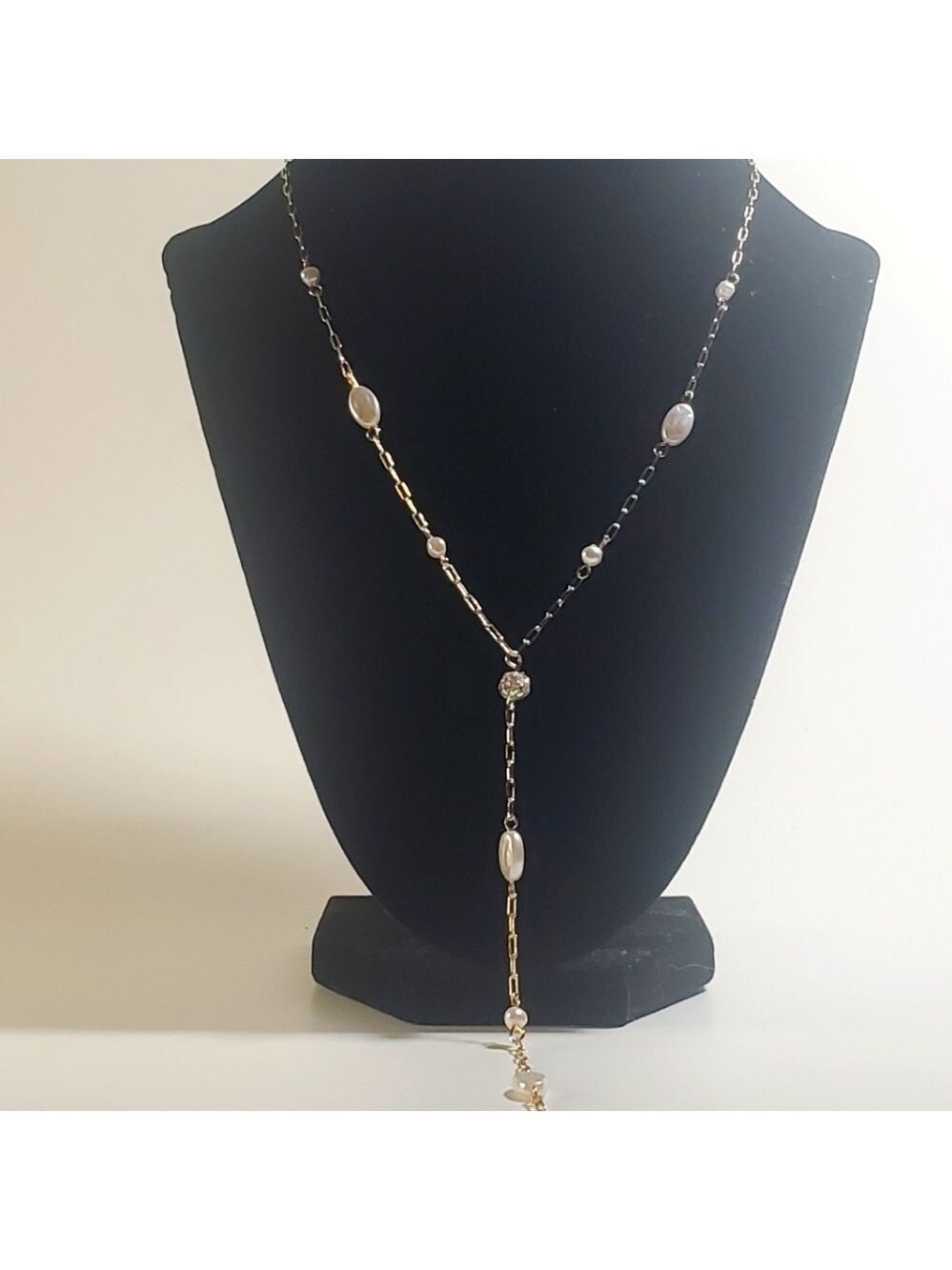 14K GOLD Plated CHAIN Lariat Necklace with Pearl & Rhinestone Adornments NWT